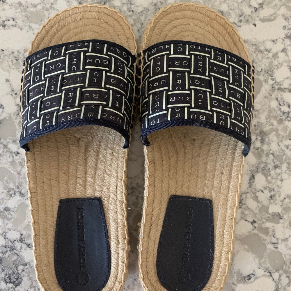 Tory Burch Blue and Cream Sandals with Woven Design